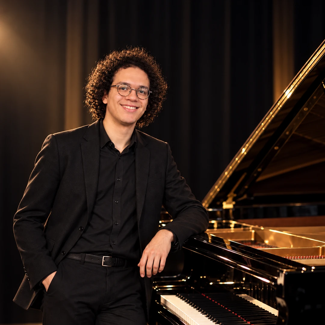 Lou Hägi standing beside a glossy black concert grand piano